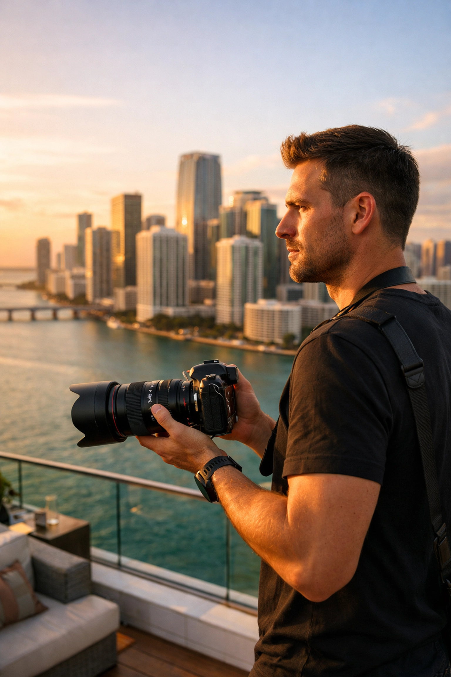 Professional commercial photographer in Miami shooting from a Brickell rooftop overlooking the skyline at golden hour.