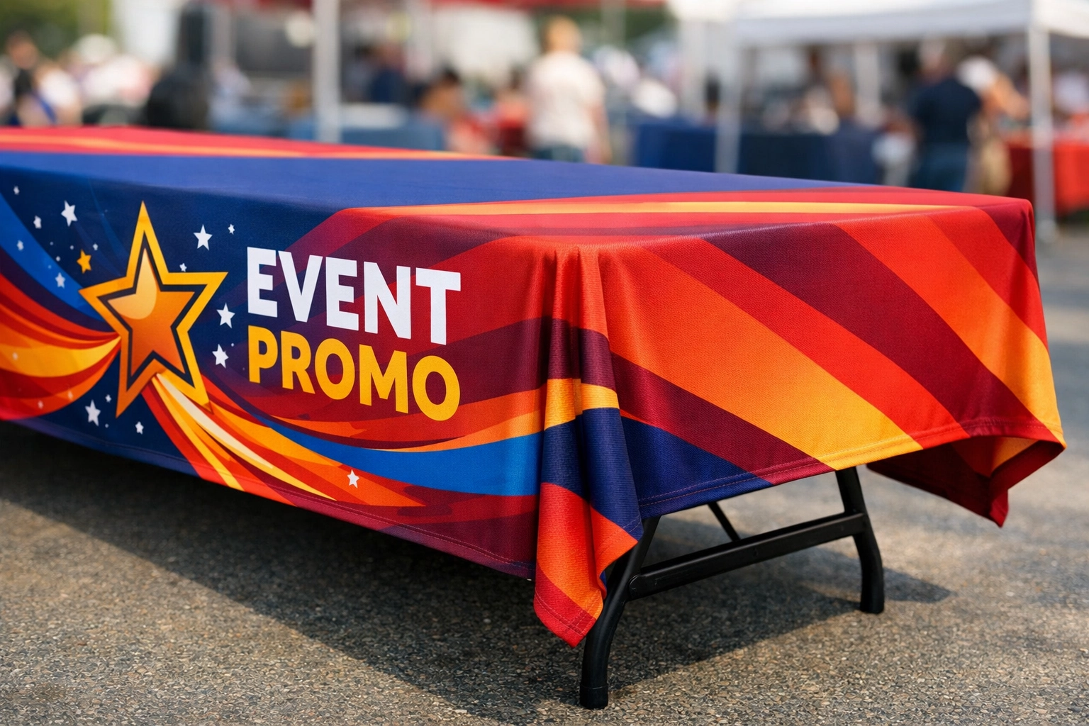 Custom tablecloth with logo fitted on event table showing professional branded display