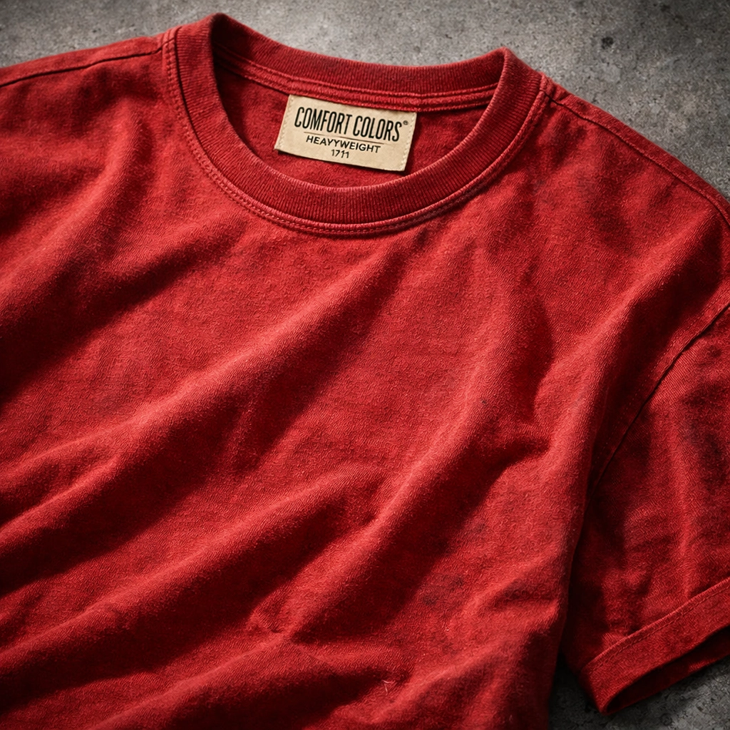 Comfort Colors 1717 vintage heavyweight t-shirt in crimson red showing garment-dyed texture