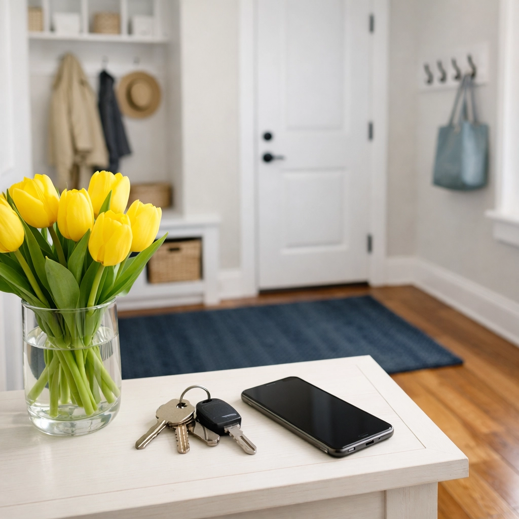 An organized and clutter-free Westford home entryway after service from professional cleaners in Westford.
