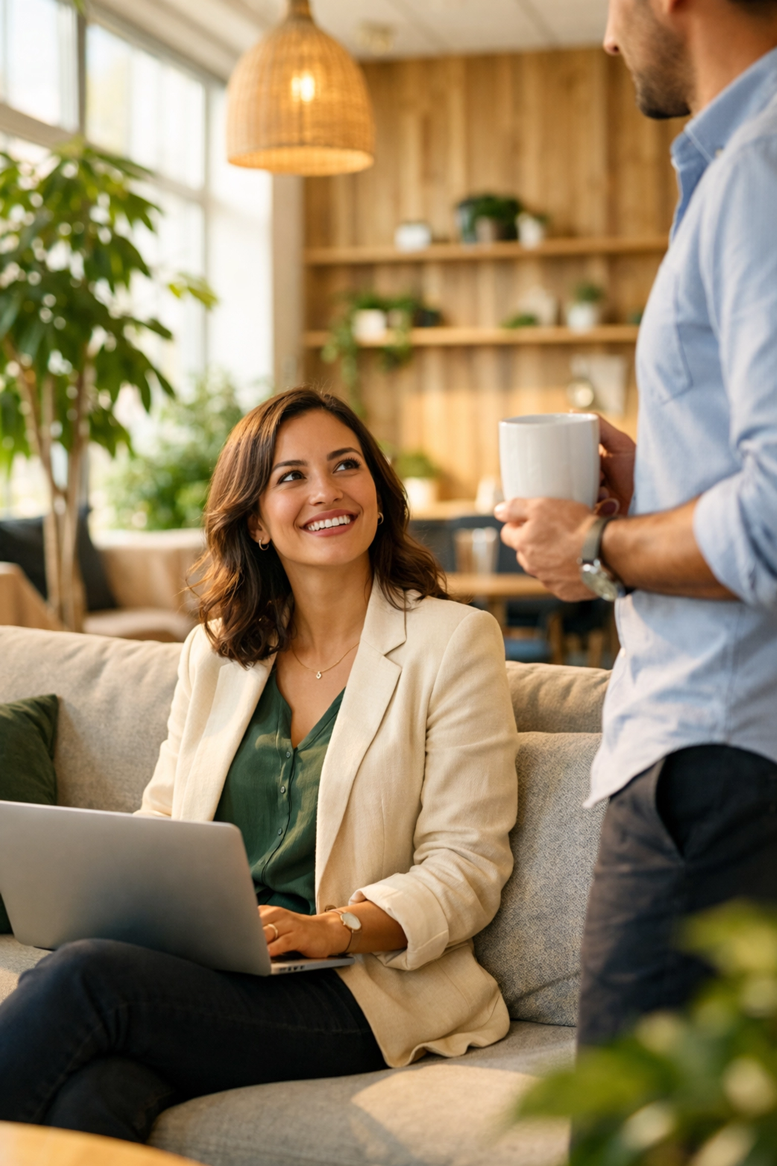 Employee experiencing improved workplace culture through ServiceNow HRSD features in a modern office lounge.