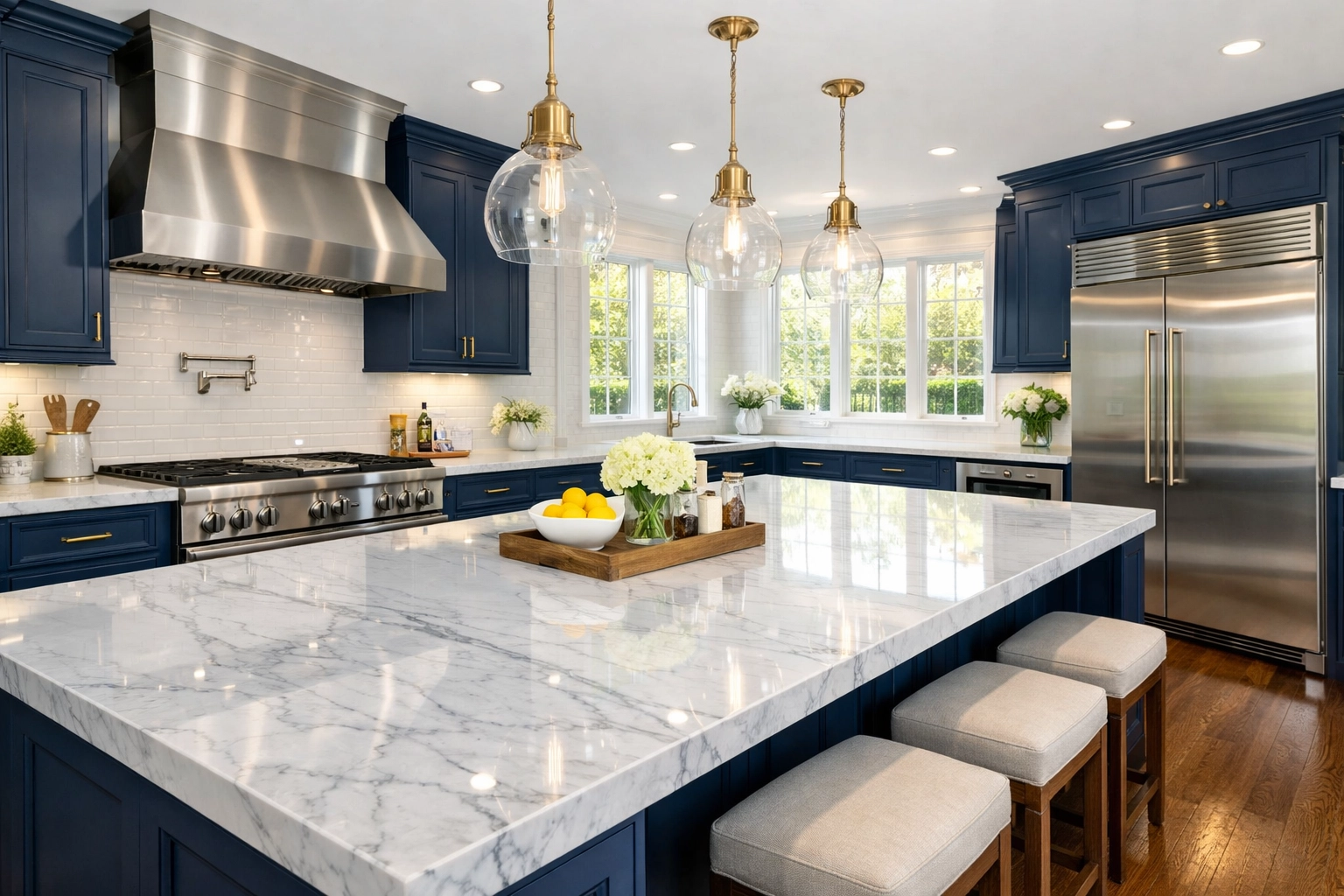 Pristine high-end kitchen with marble countertops, part of luxury house cleaning Natick MA services.