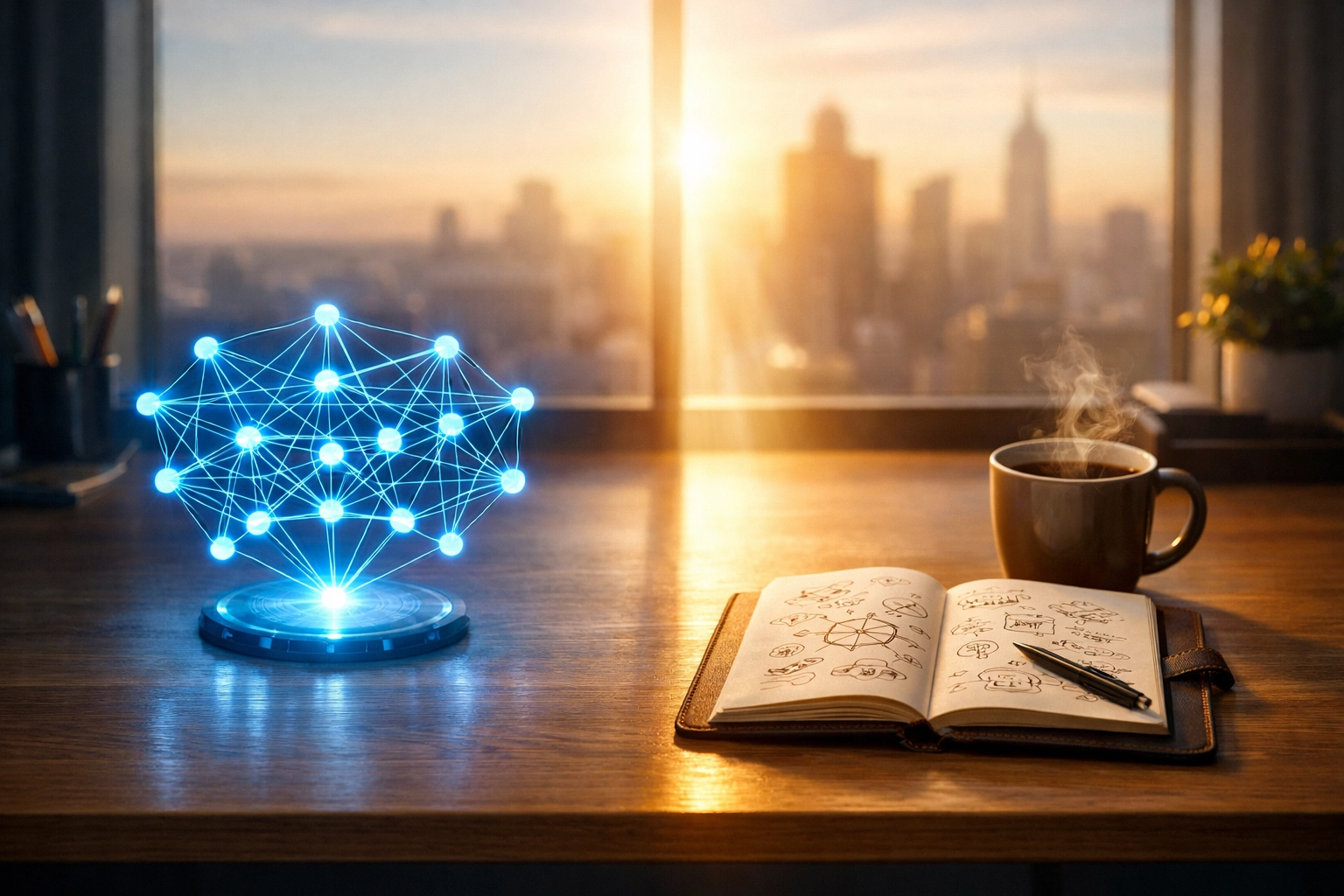 Modern desk with an AI hologram and strategy journal representing SEO services for small business.