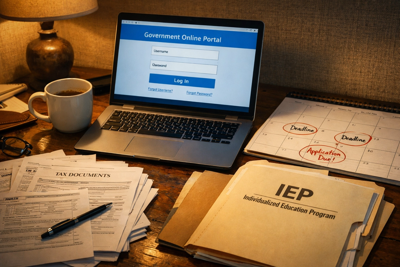 Texas Education Freedom Account (TEFA) Texas ESA application workspace with IEP folder, tax documents, and 2026 deadline calendar