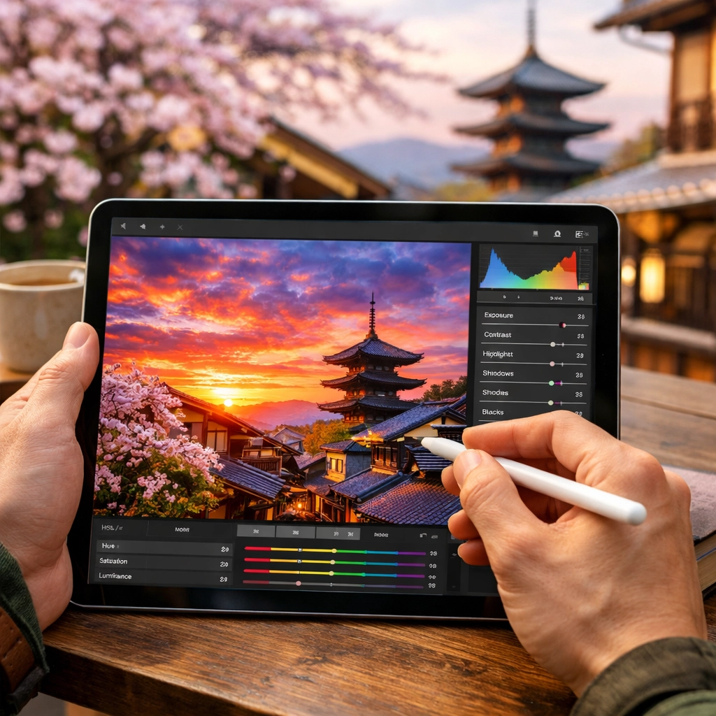 Editing a sunset landscape photo on a tablet in Kyoto, Japan, highlighting modern AI photography trends.