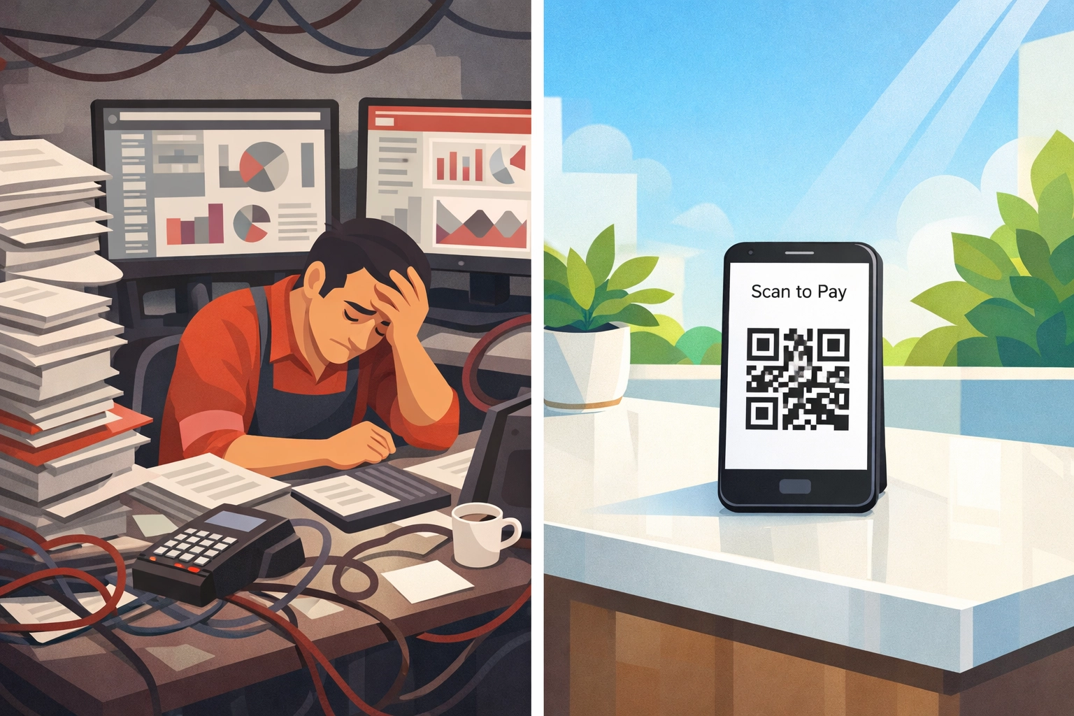 Comparison of complex traditional payment setup versus simple crypto QR code payment system