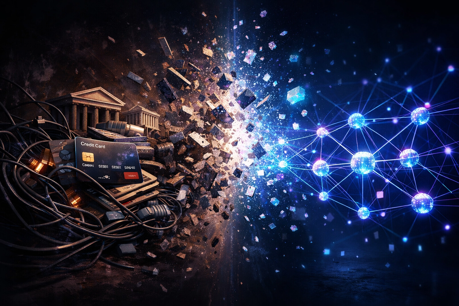 Traditional payment processing chain breaking apart and transforming into blockchain Web3 network