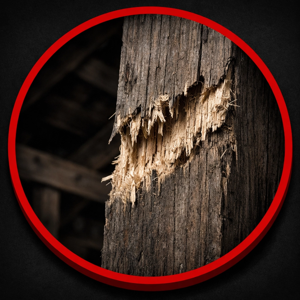 Detailed rodent gnaw marks on wooden attic framing indicating a home infestation in Florence, AZ.