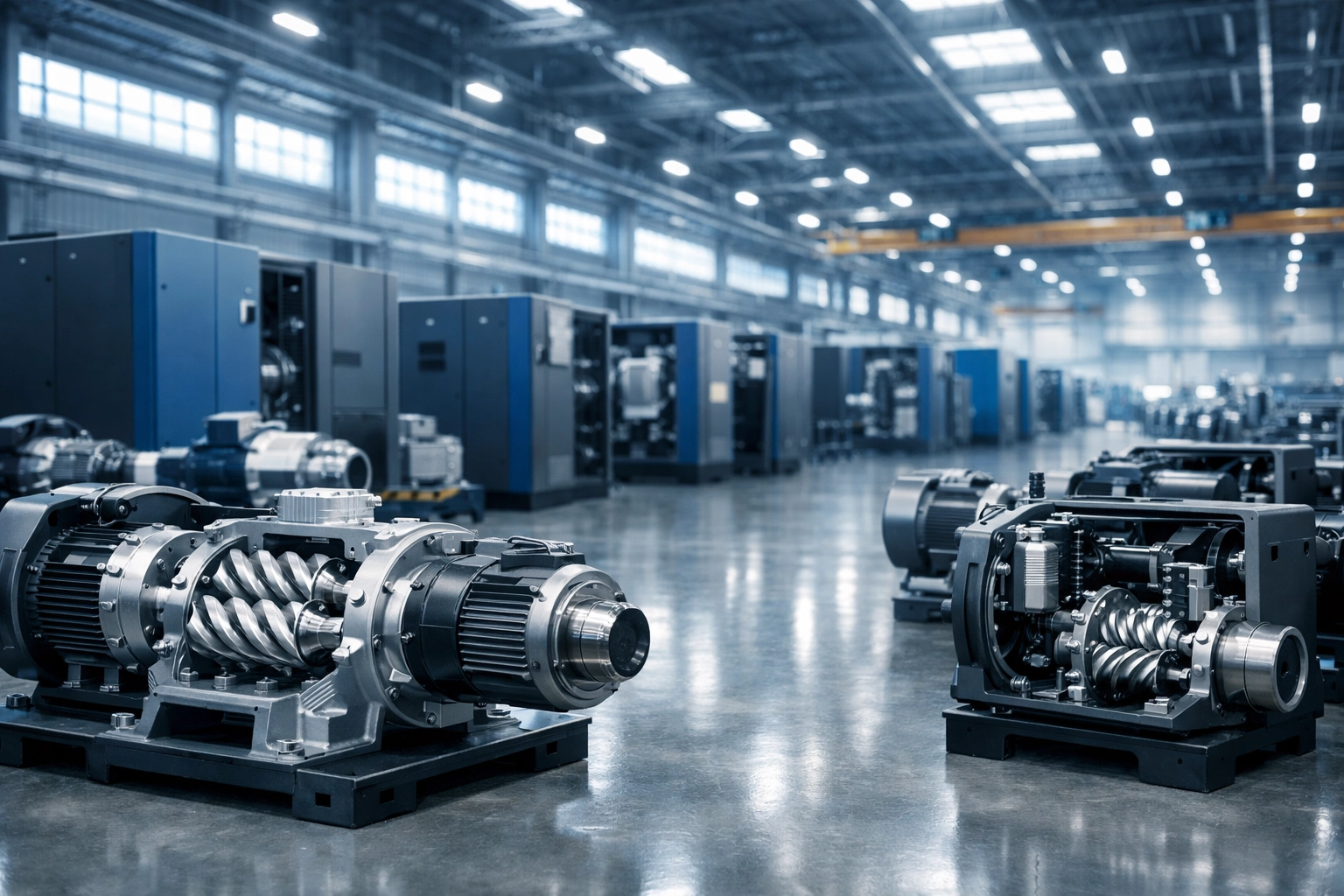 Modern 4000m² manufacturing facility producing industrial screw air compressors for textile manufacturing.