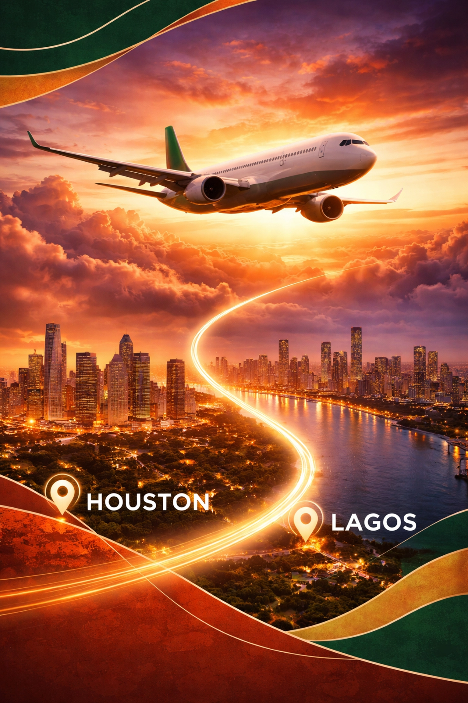 Cargo plane flying from Houston to Lagos at sunset, representing fast air freight to Nigeria.