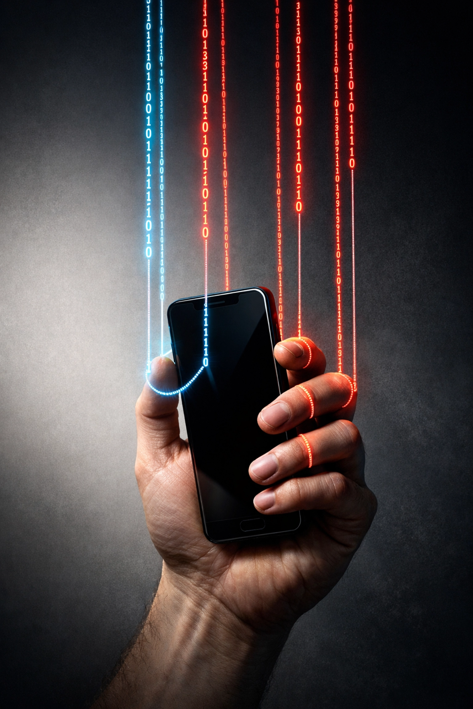 Hand holding phone with puppet strings illustrating social media algorithm manipulation