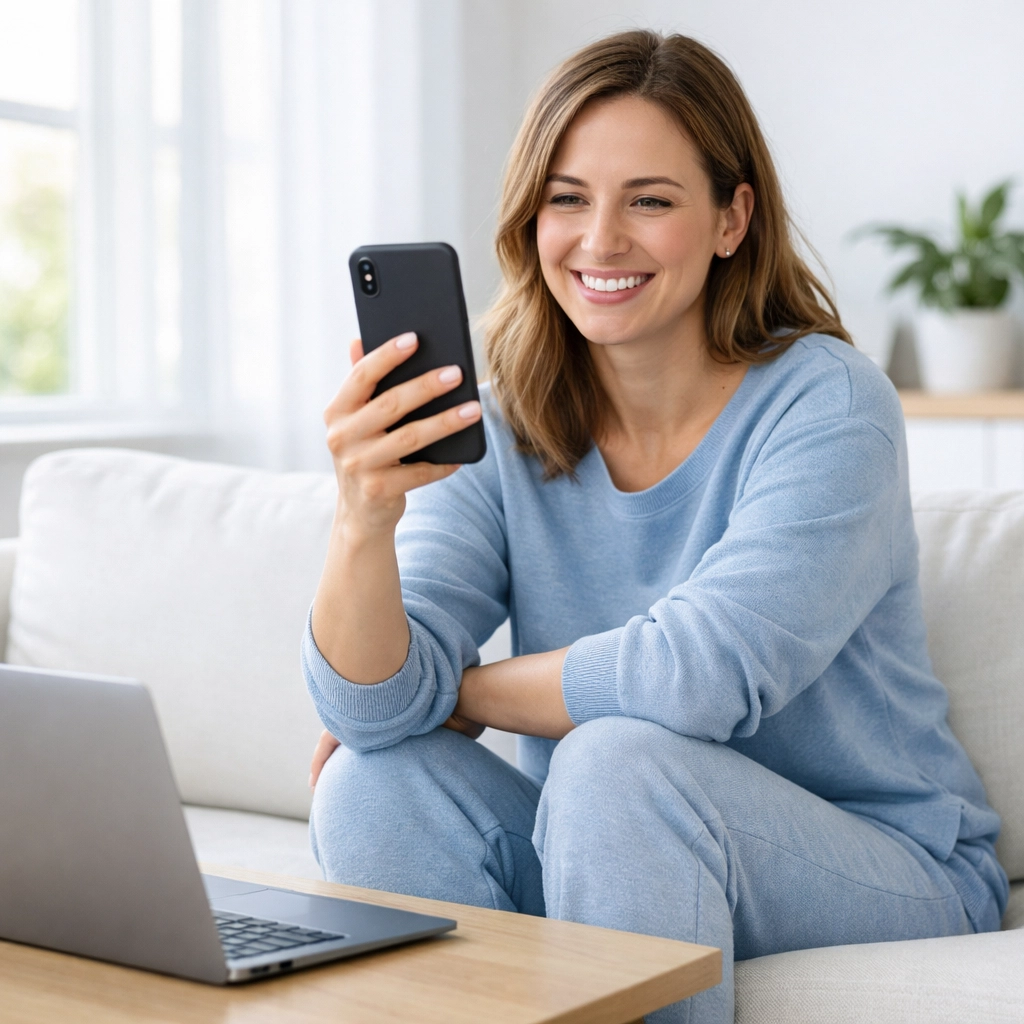 Woman completing online telehealth consultation for medical weight loss from home in Massachusetts