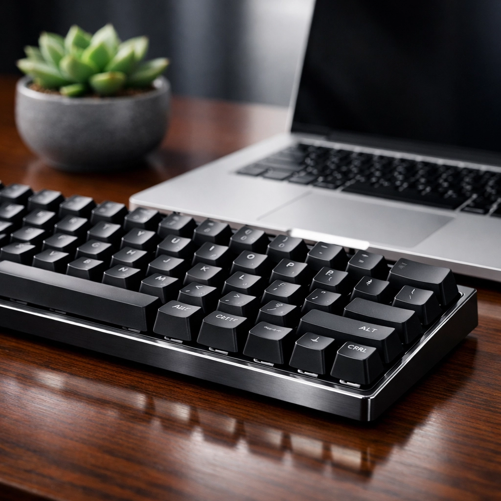 Sanitized office workstation with clean keyboard and laptop, ideal for office cleaning services Orlando