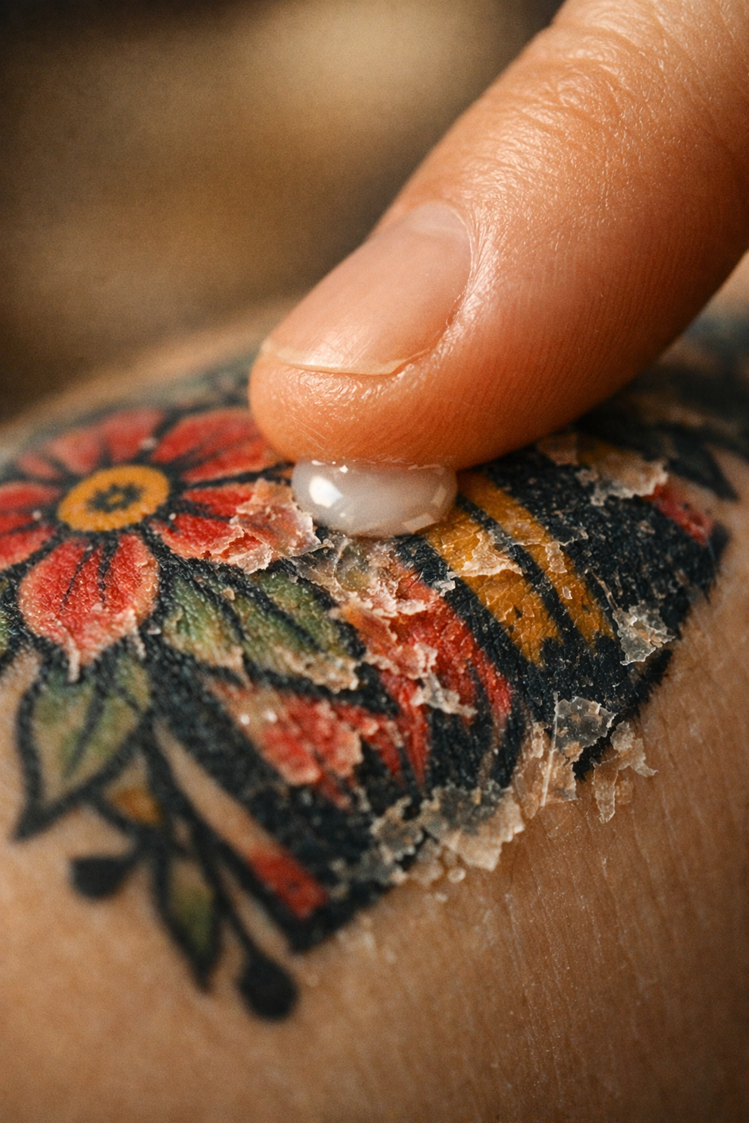 Applying fragrance-free lotion to a peeling tattoo, a vital step recommended by our tattoo shop hixson tn.