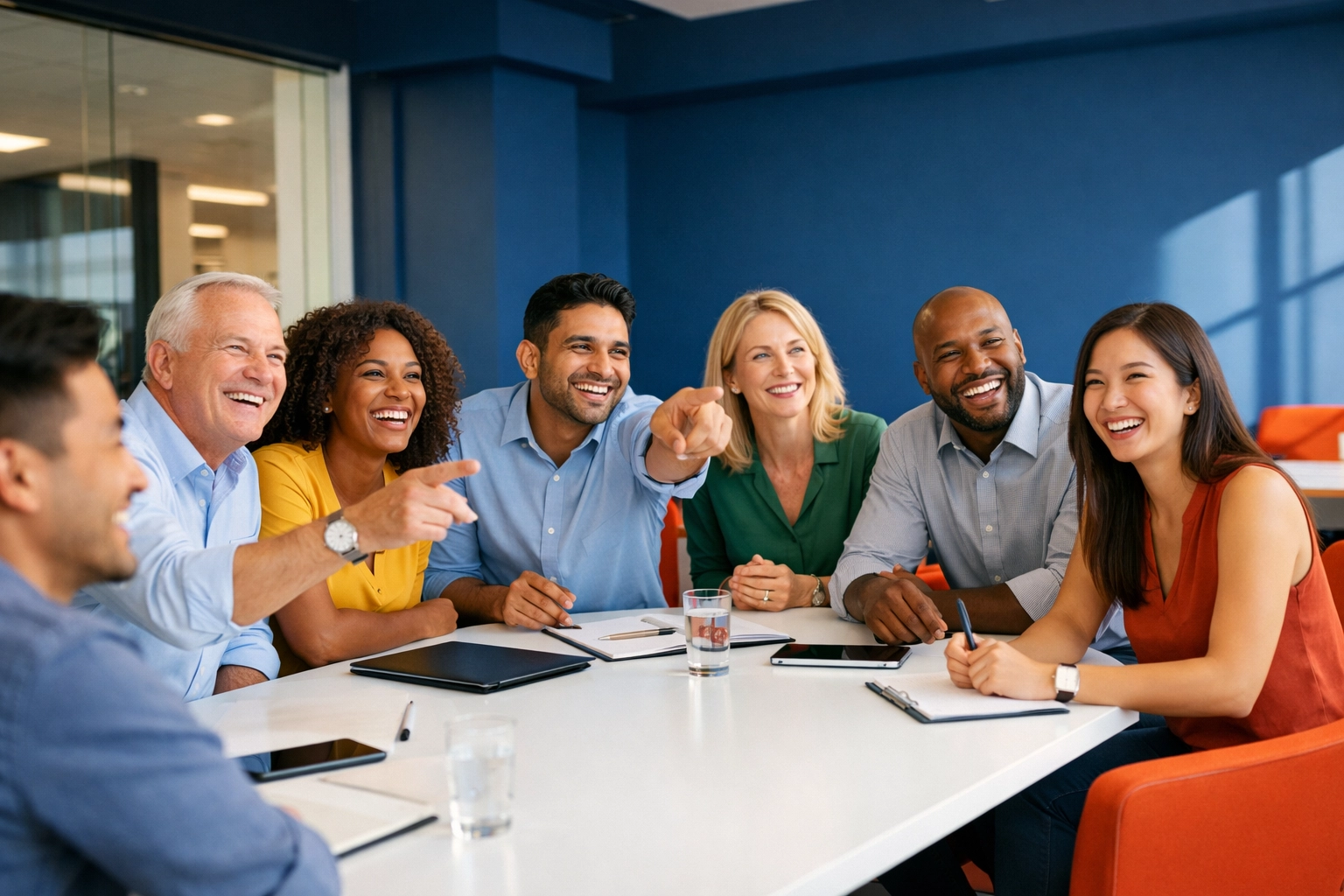 A professional team in a modern office representing business stability and reputation management during a sale.