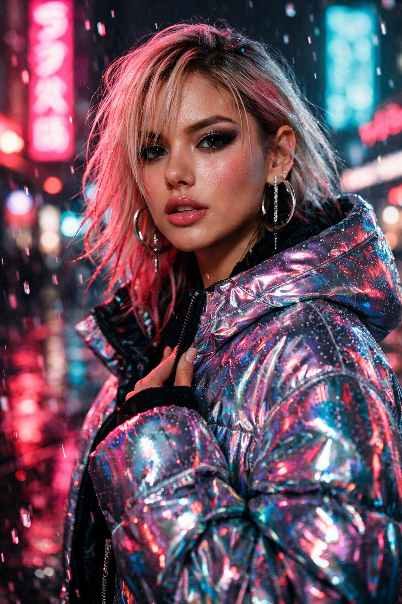 A hyper-realistic digital AI artist standing on a neon-lit city street for a cinematic music video.