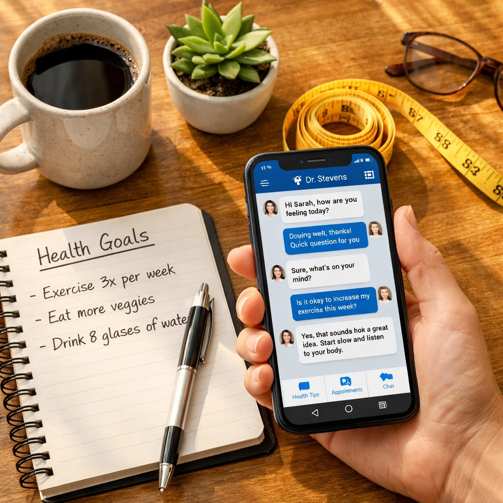 Telehealth weight loss medication consultation from home using smartphone and medical messaging app