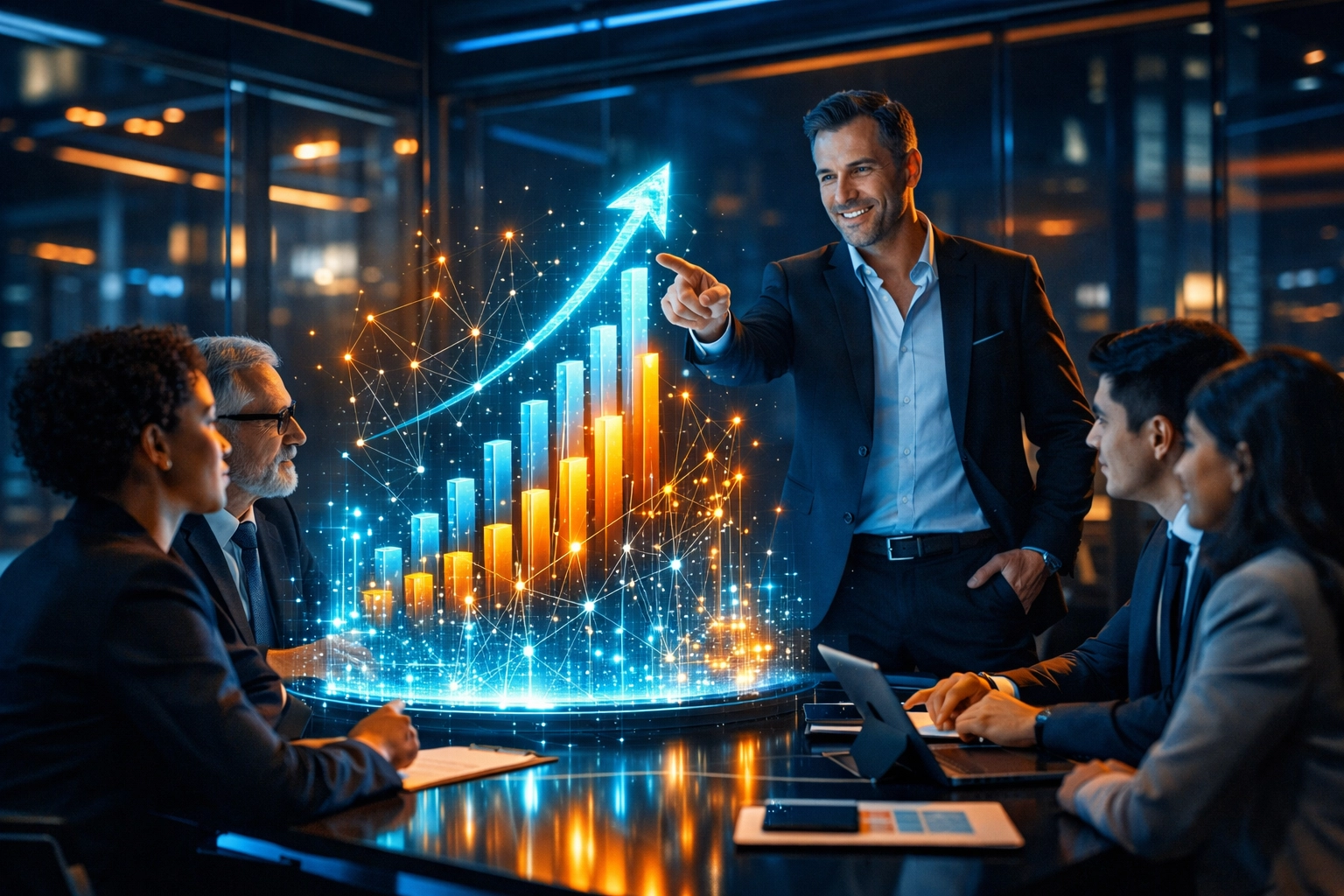 Professionelles Team nutzt innovative Datenvisualisierung während der KI-Transformation.