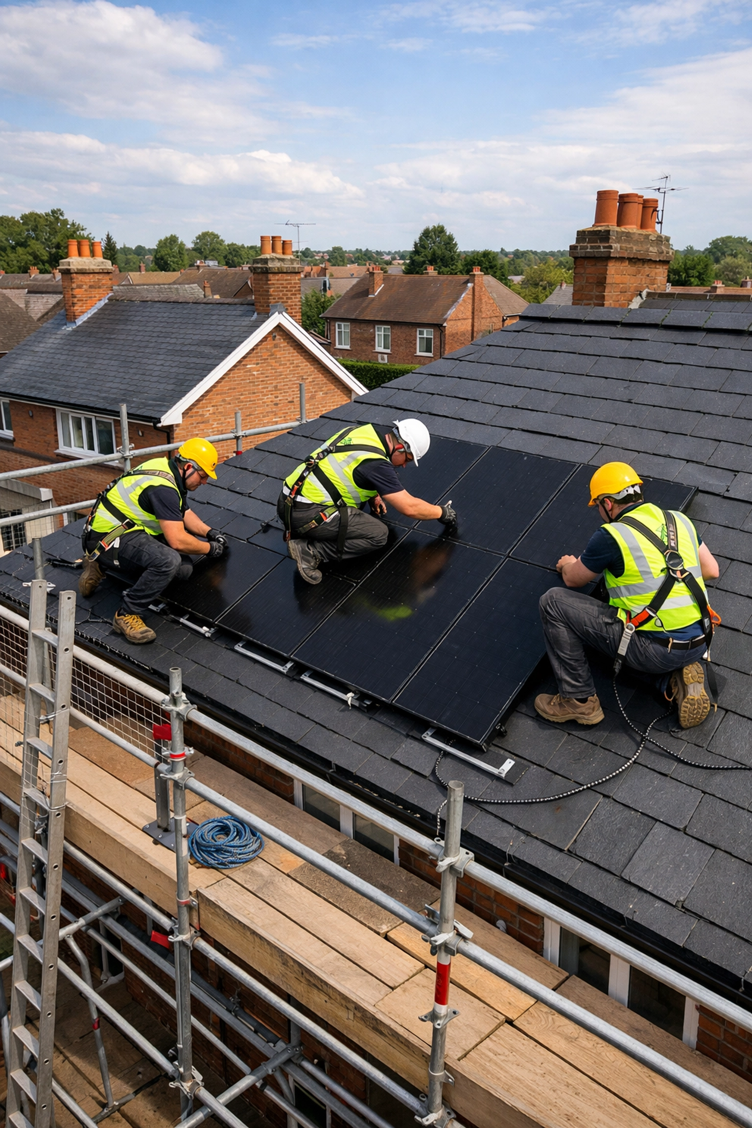 Specialist solar team installing premium black panels on a UK slate roof with professional safety gear.