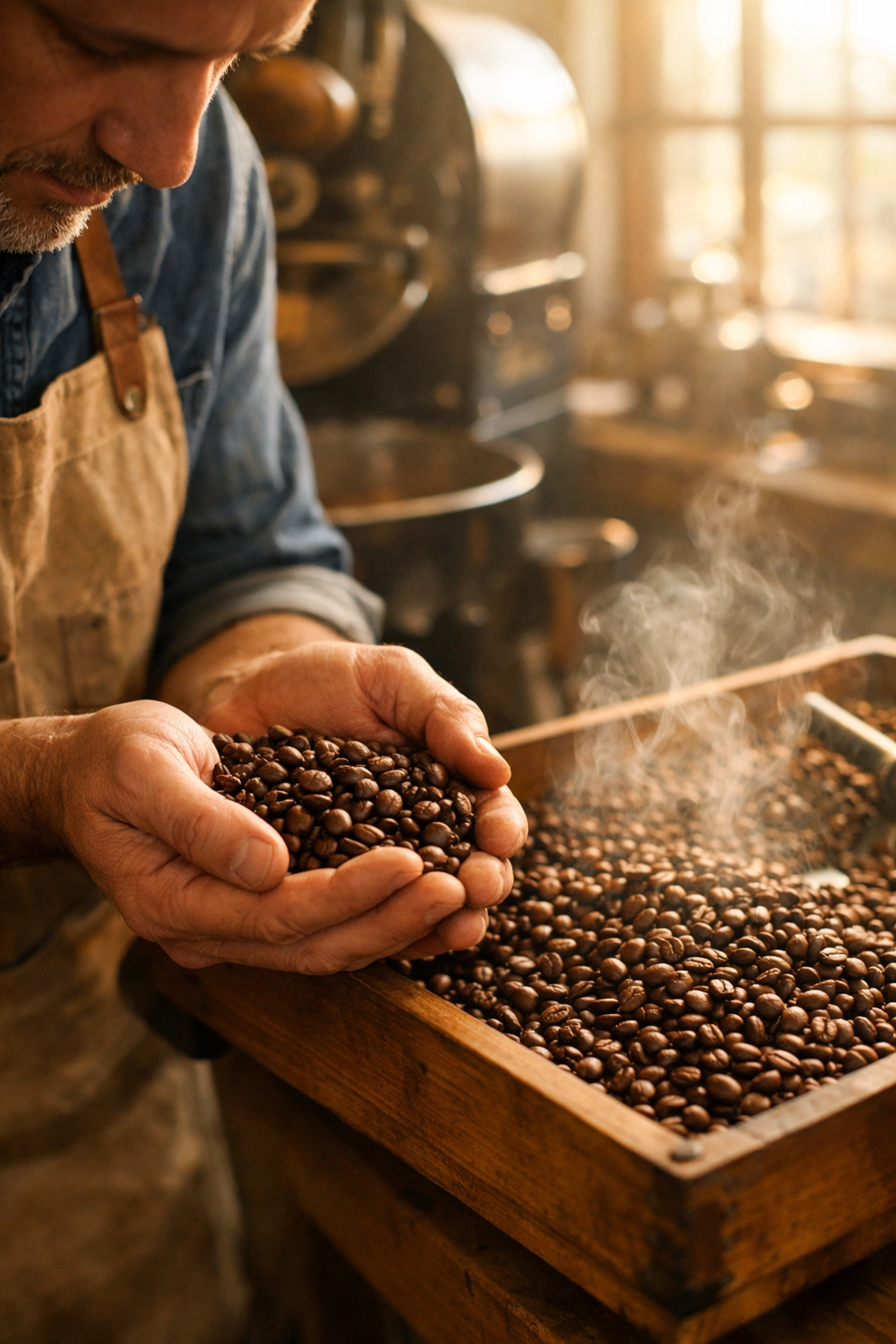 Coffee roaster inspecting freshly roasted specialty beans for quality and consistency