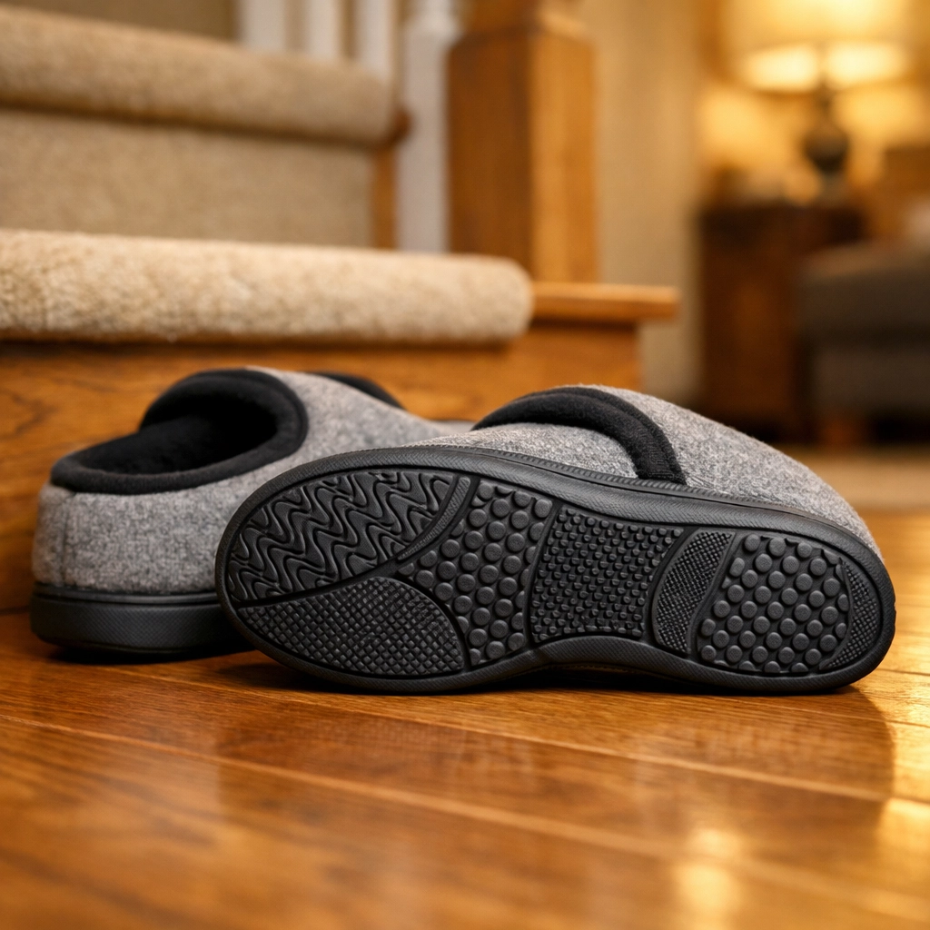 Supportive indoor shoes with non-slip soles sitting at the base of a well-lit staircase.