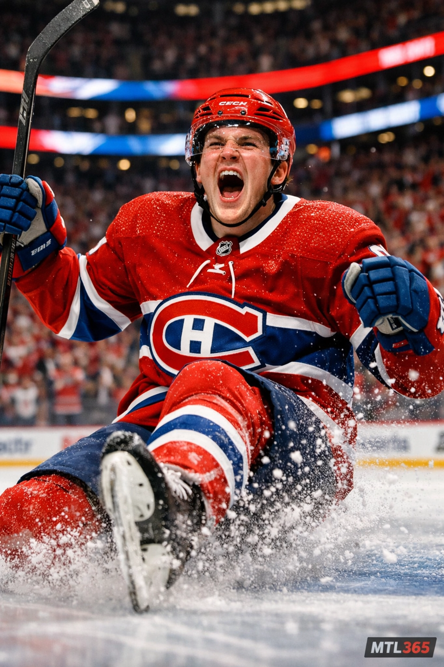 Montreal Canadiens hockey player celebrating on the ice at the Bell Centre.