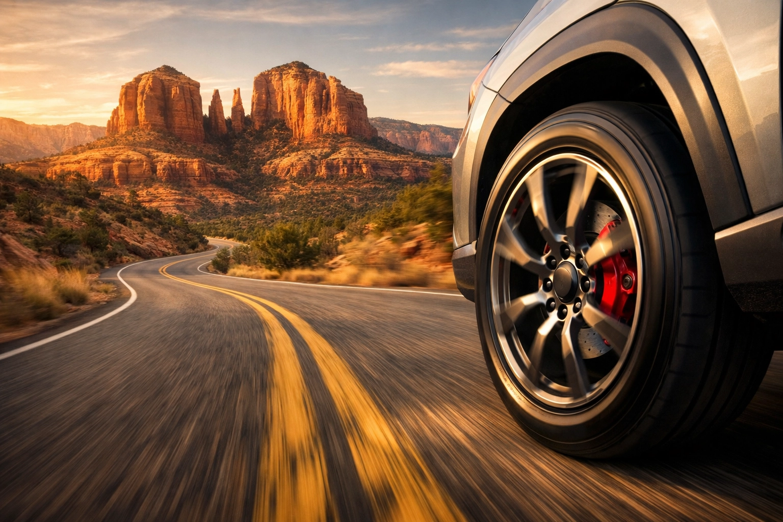 SUV driving on a winding Sedona mountain road showing the importance of brake maintenance for safety.
