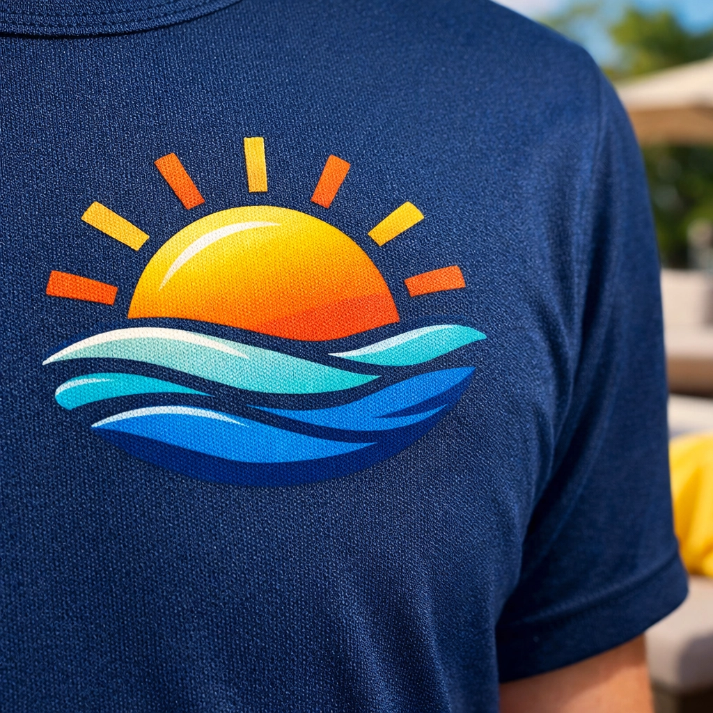 High-quality custom screen printing on a durable navy polyester T-shirt for pool companies.
