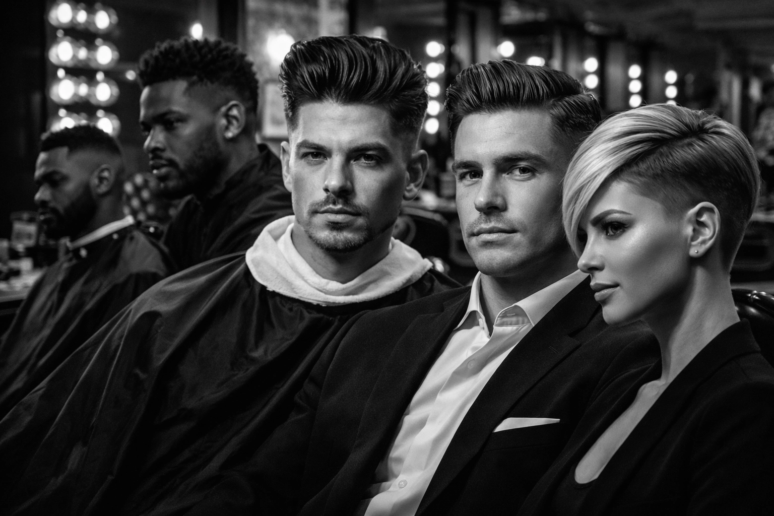 Diverse clients showcasing expert fades and textured haircuts by multicultural master barbers in West Chester.