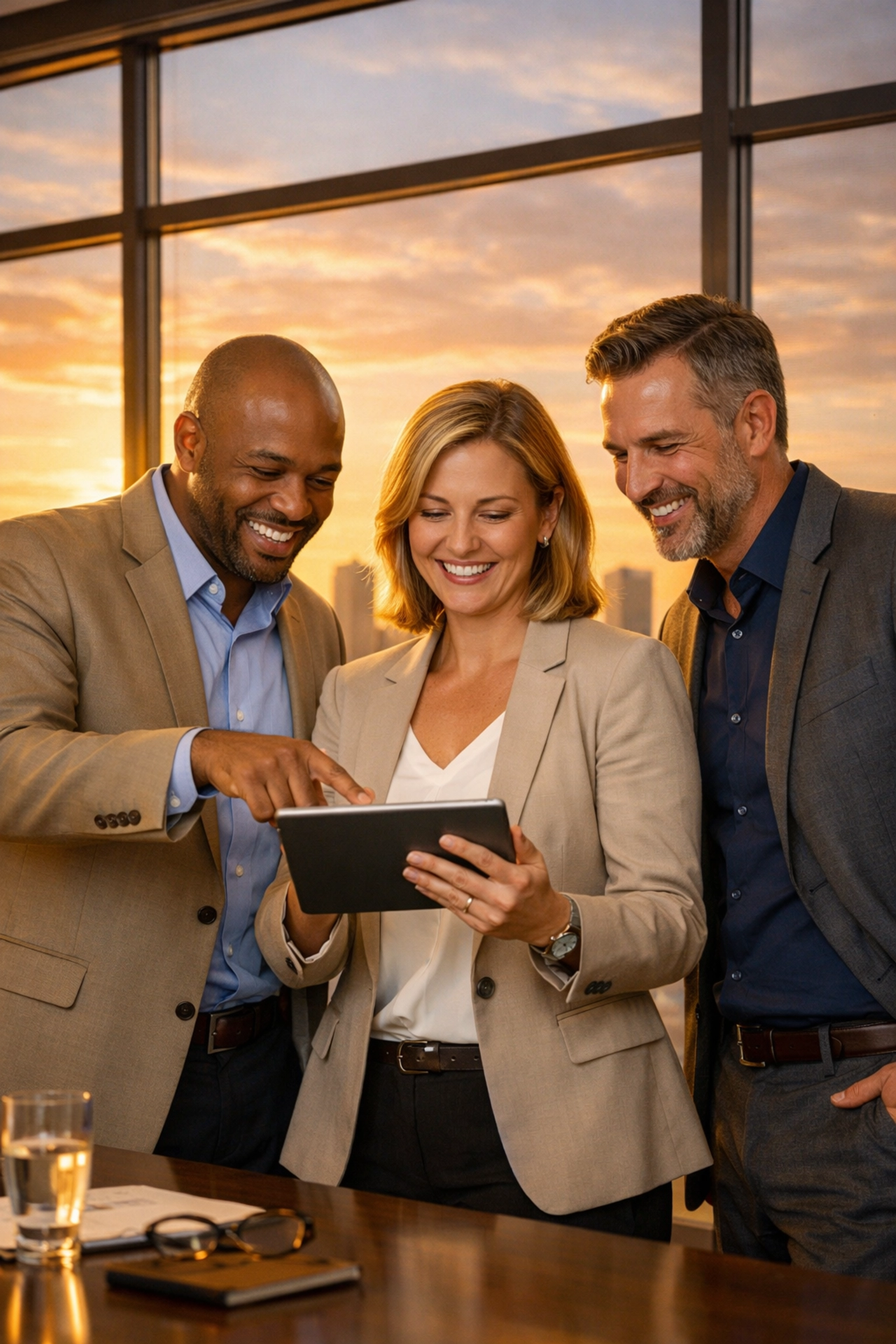 Financial advisors reviewing business succession and executive benefits plans in a boardroom.