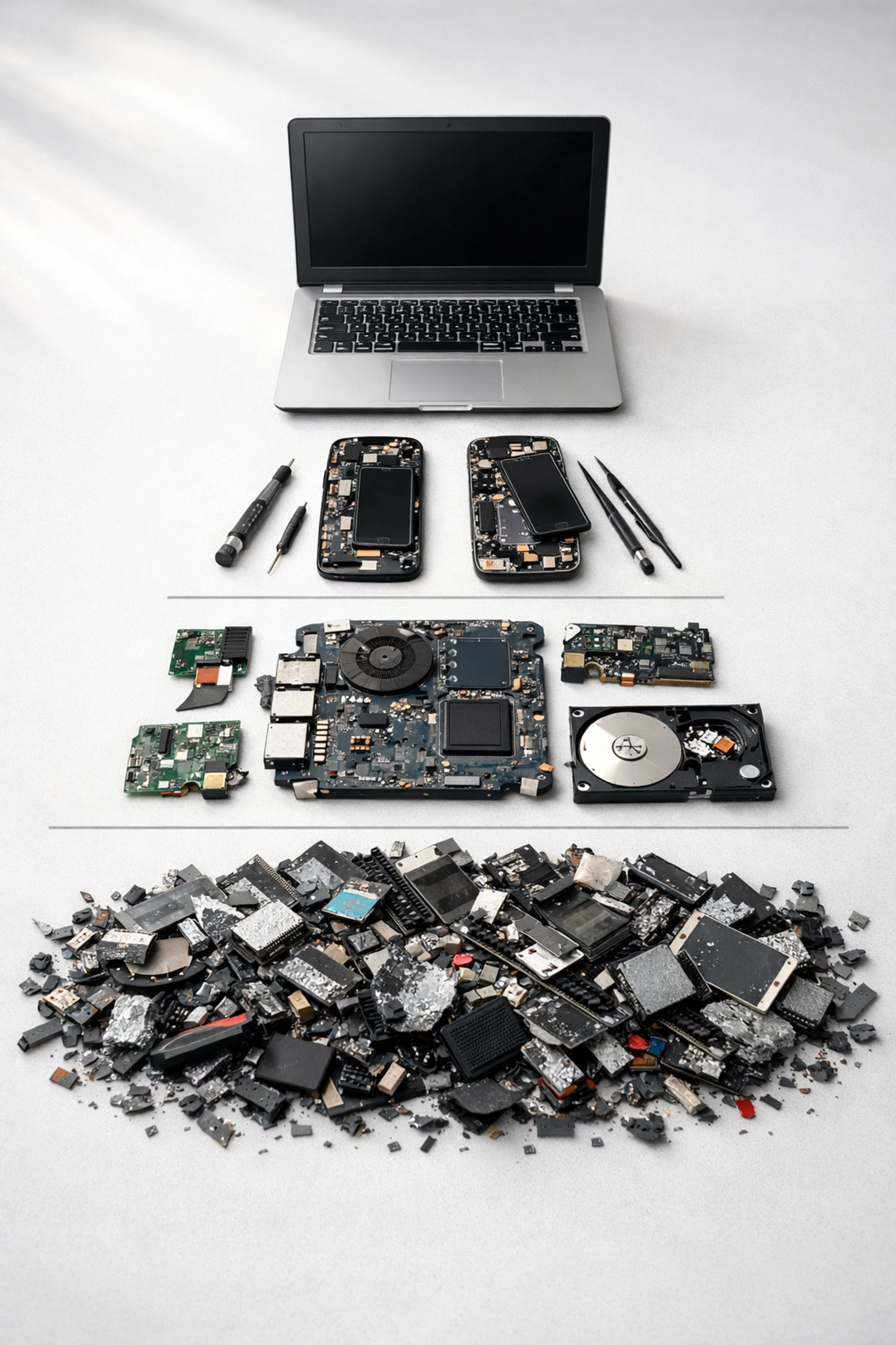 E-waste management hierarchy showing reuse at top, refurbishment, recycling, and disposal