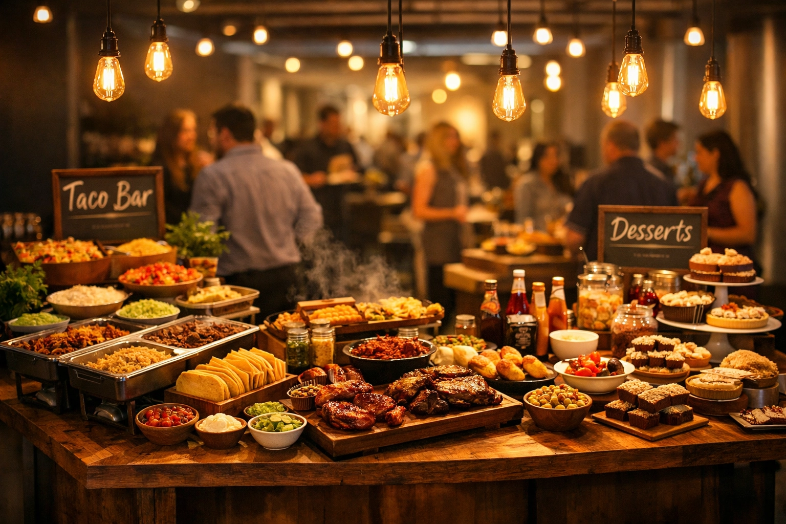 Indoor buffet stations with food truck quality BBQ and tacos for Utah corporate event