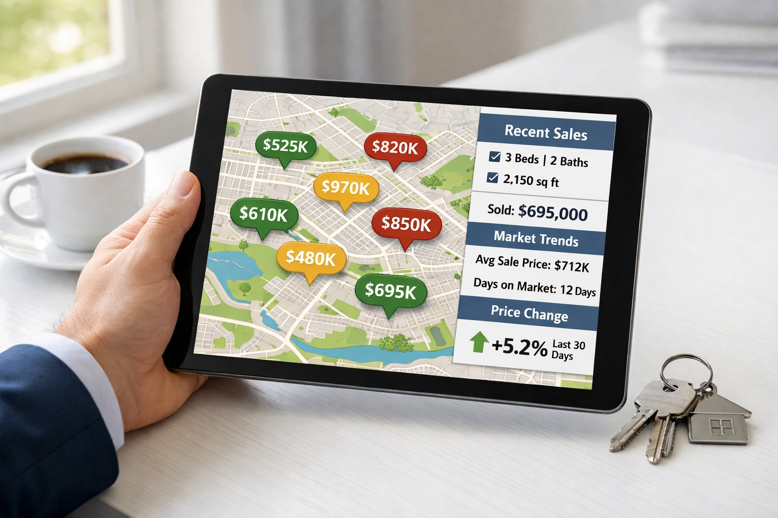 Real estate agent analyzing Denver home pricing data on tablet for accurate market valuation
