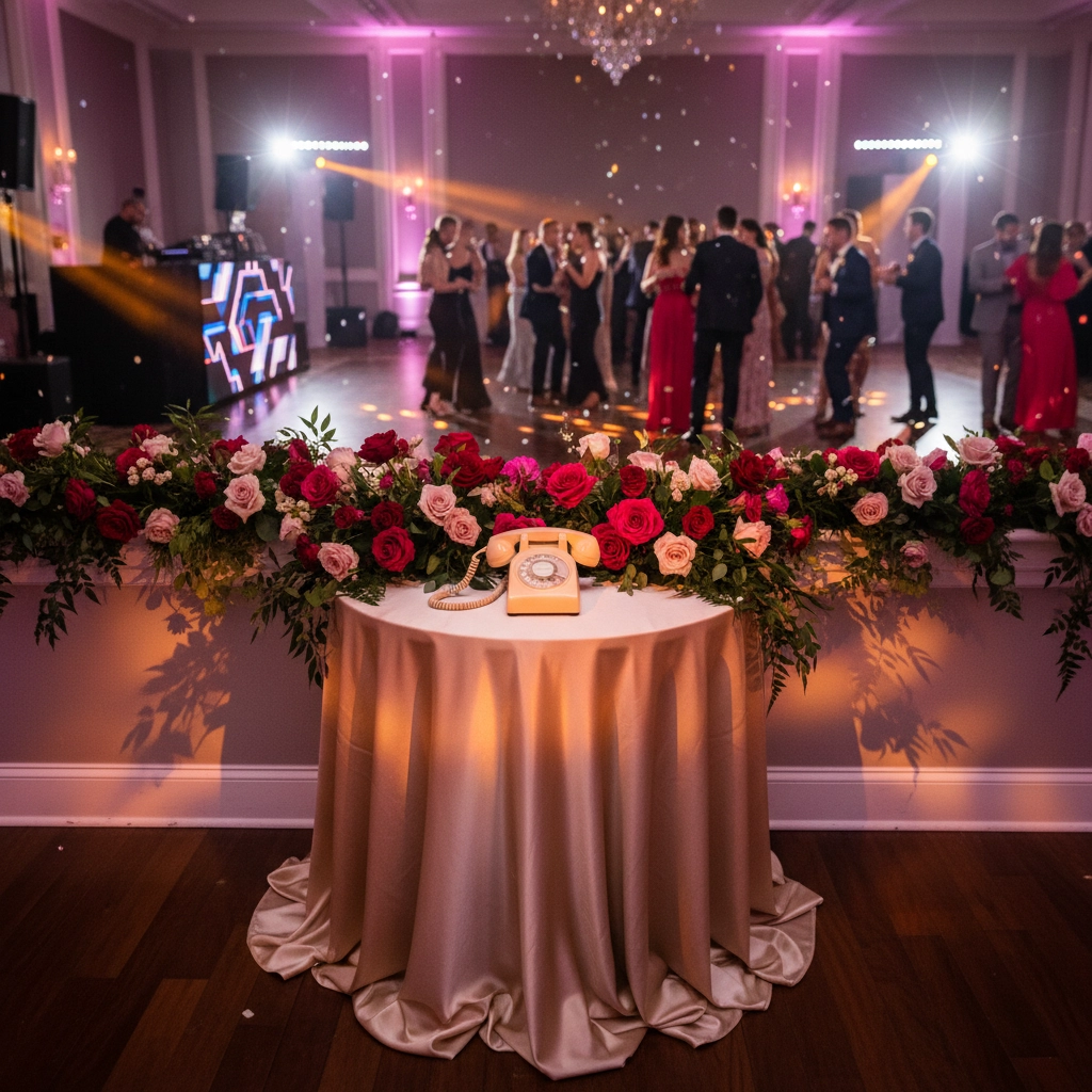 Elegant ballroom with dancing guests, a DJ booth, and a table adorned with roses and a vintage rotary phone. Pink lighting sets a festive mood.