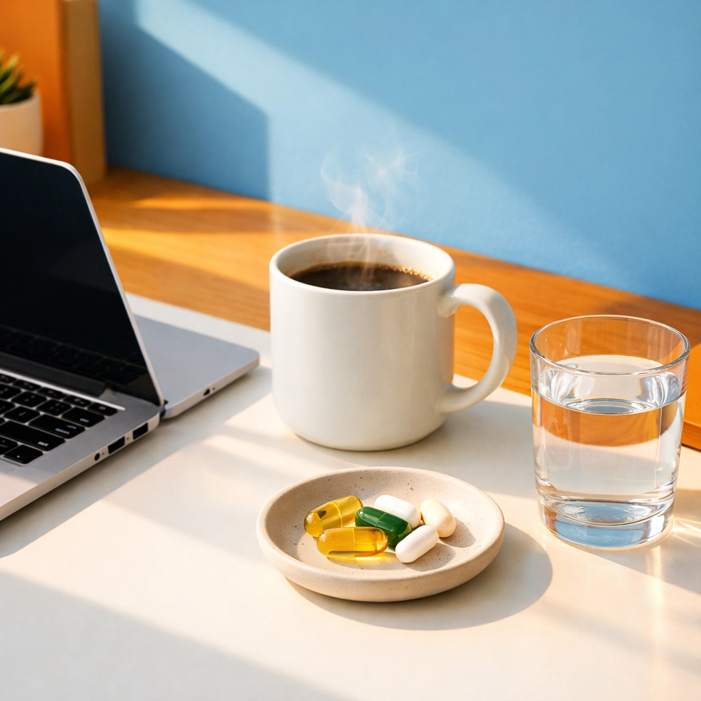 Workspace desk with laptop, coffee, and supplements for busy professionals