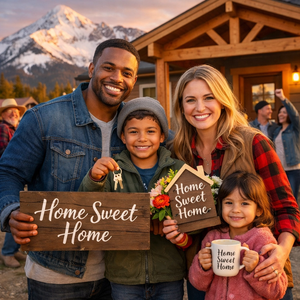 Family celebrating new affordable home in Big Sky Montana mountain community