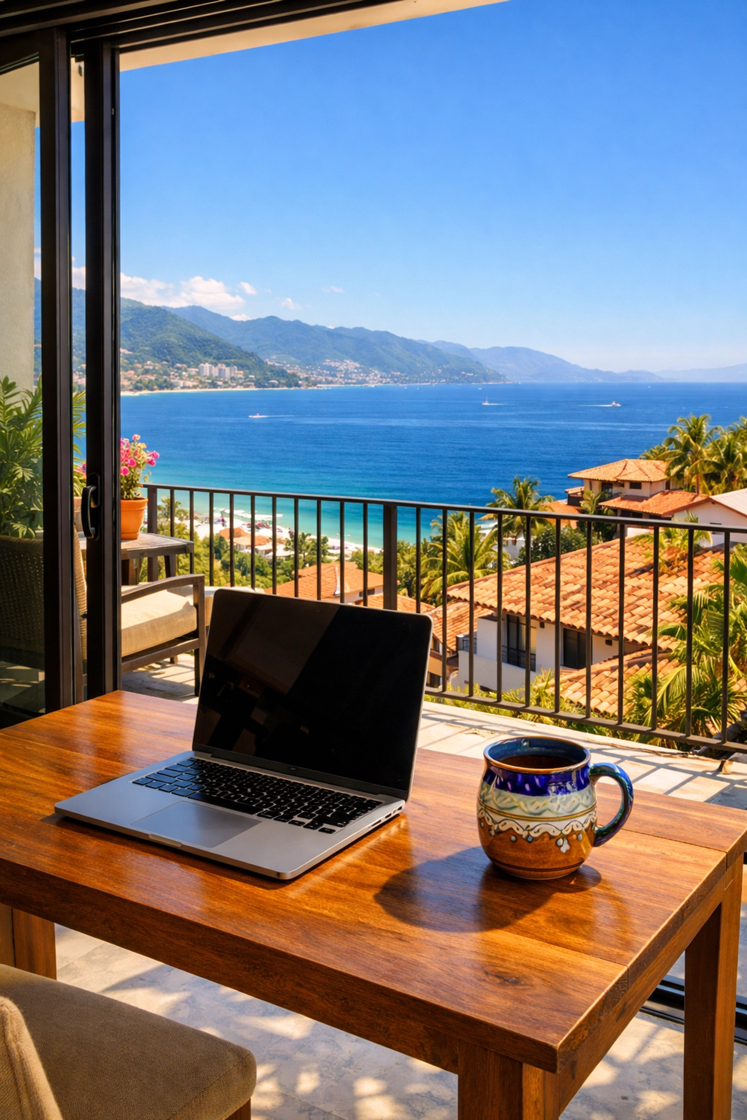 Digital nomad desk in an Amapas condo, showing the best rentals in Puerto Vallarta with ocean views.