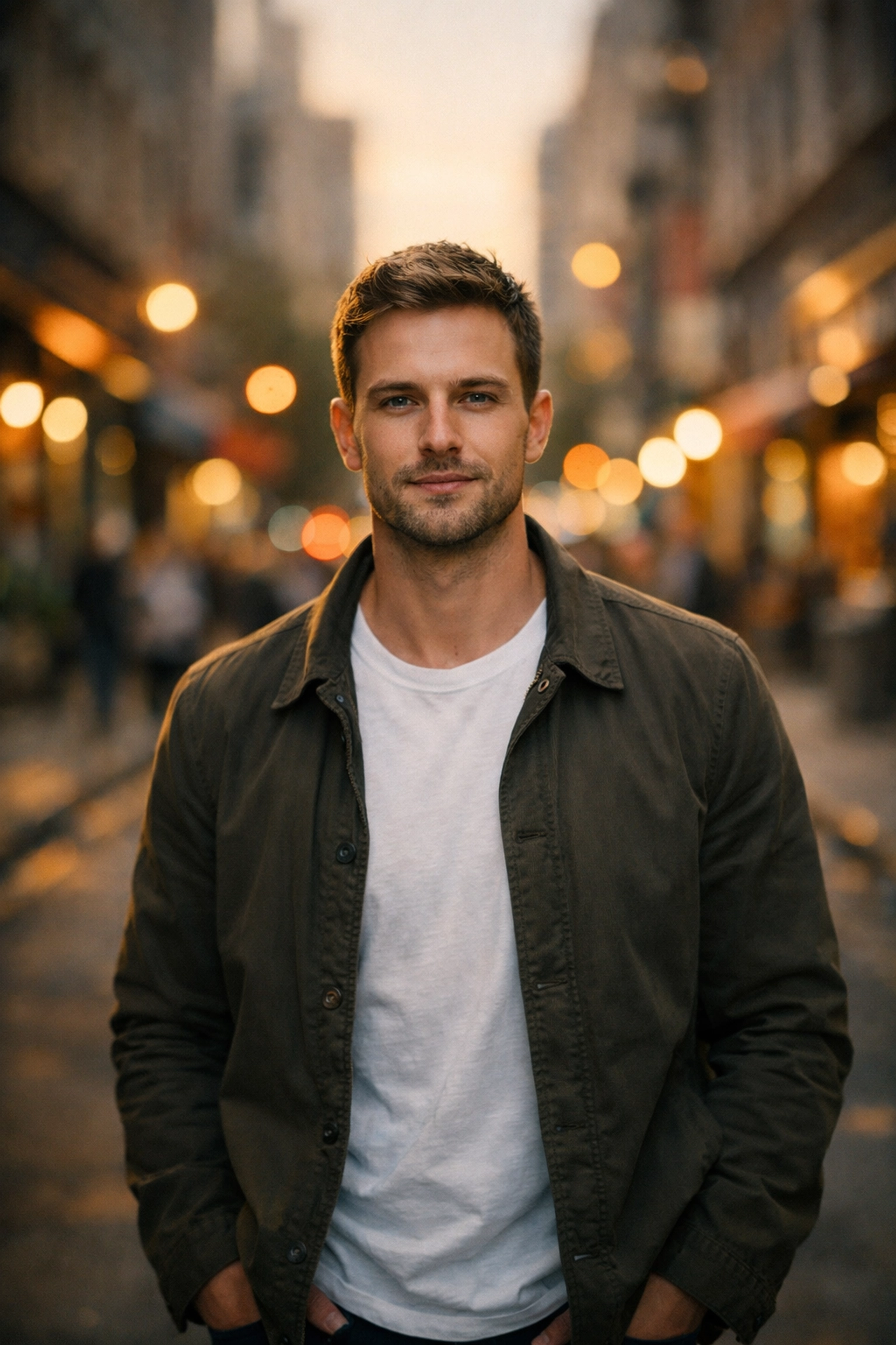 Using a vignette and blur on a city portrait to highlight photo editing secrets for guiding the viewer's eye.