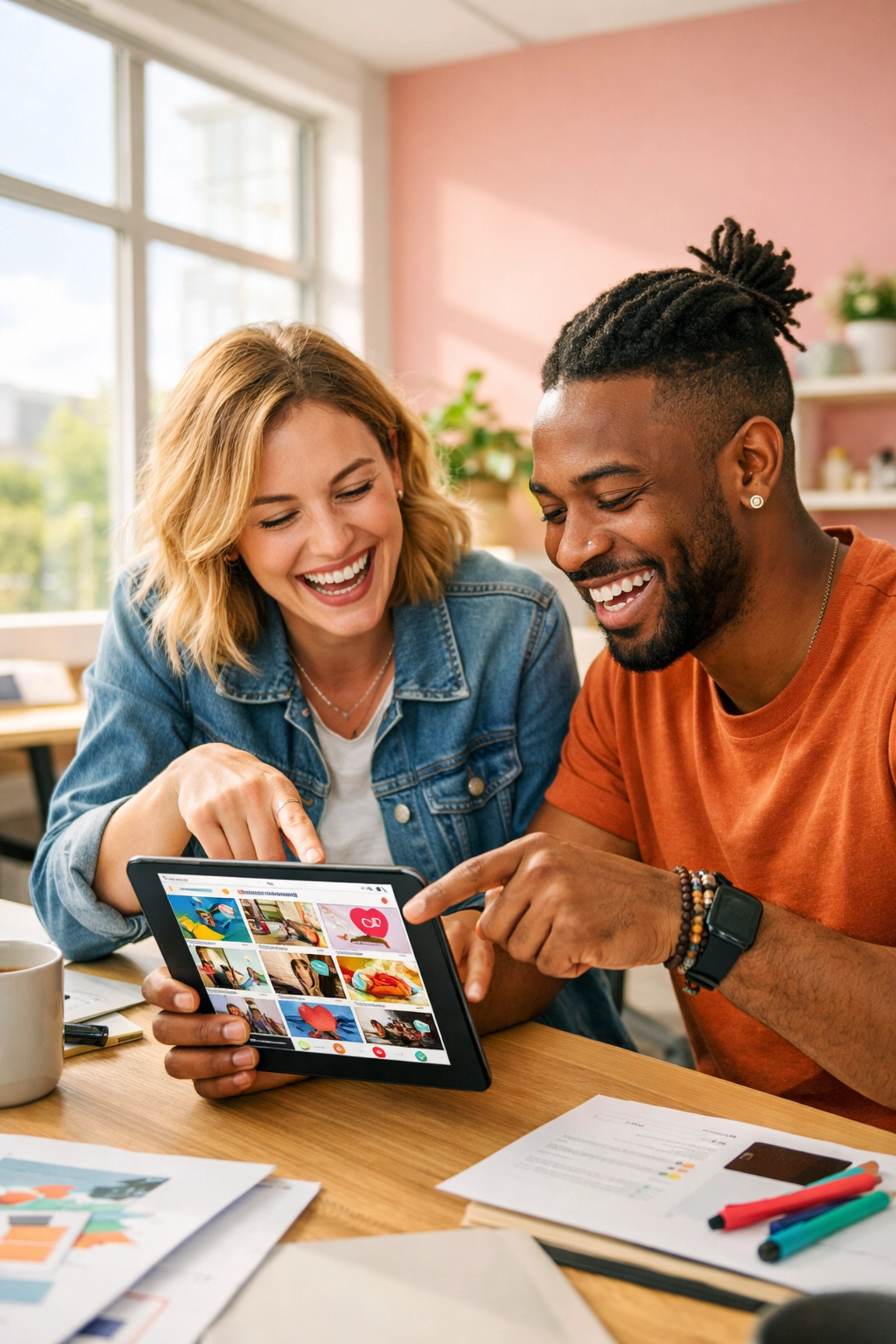 Two professionals collaborating on a social media strategy and digital marketing goals in a modern office.