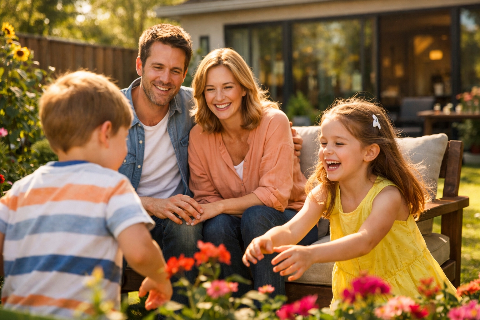 A happy family in a sunlit garden, symbolizing peaceful relationships and a soul restored by God.