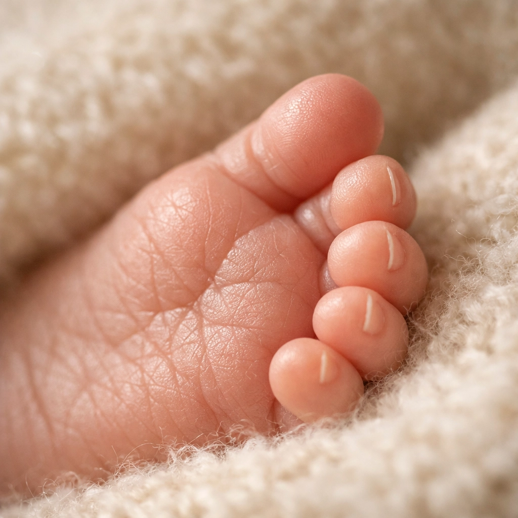 Macro detail of newborn baby toes on a textured wool blanket during a studio session.