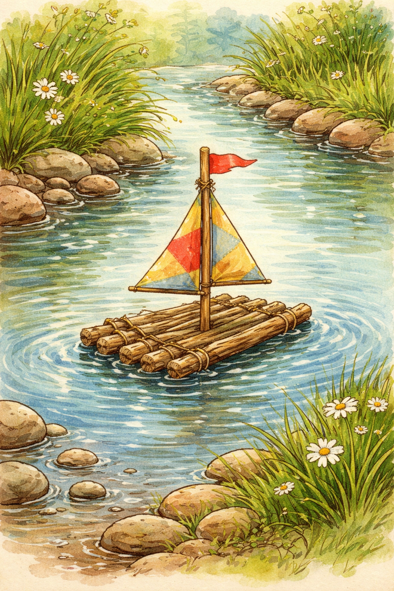 Finished mini stick raft with a fabric sail floating in a creek, perfect for kids’ outdoor play