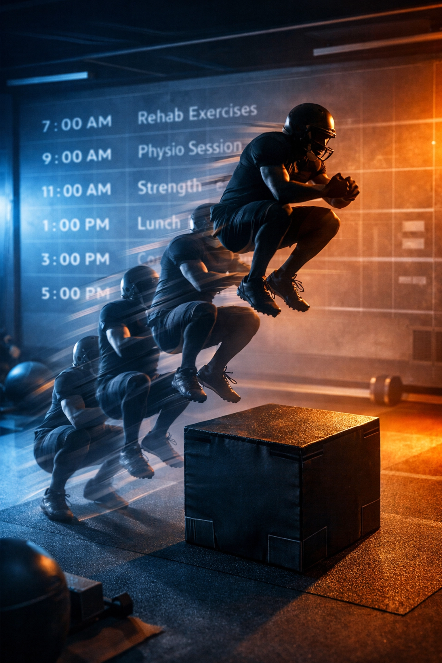 Football player performing box jumps during injury rehabilitation maintaining training routine and strength