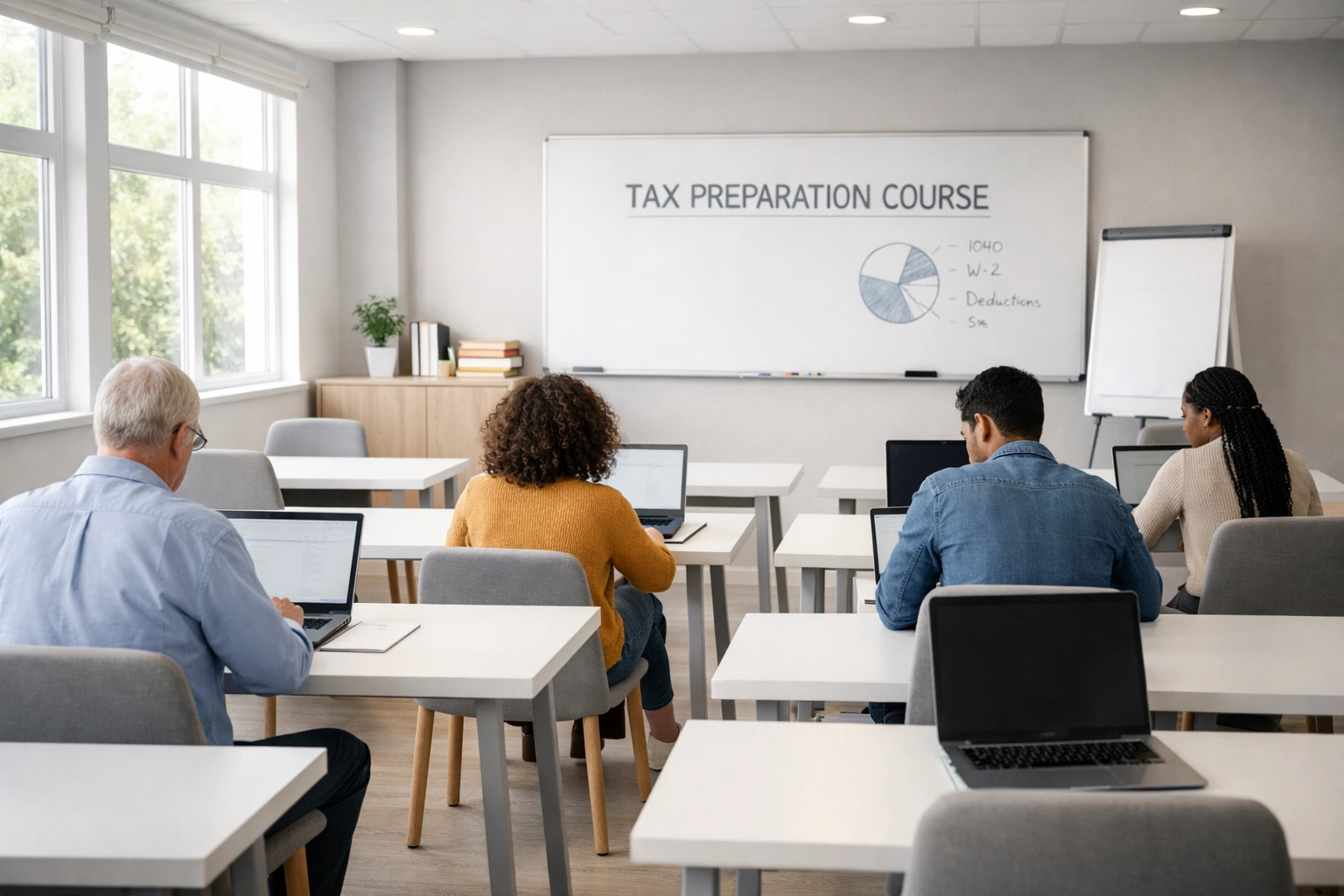 In-person tax class students learning in modern classroom setting