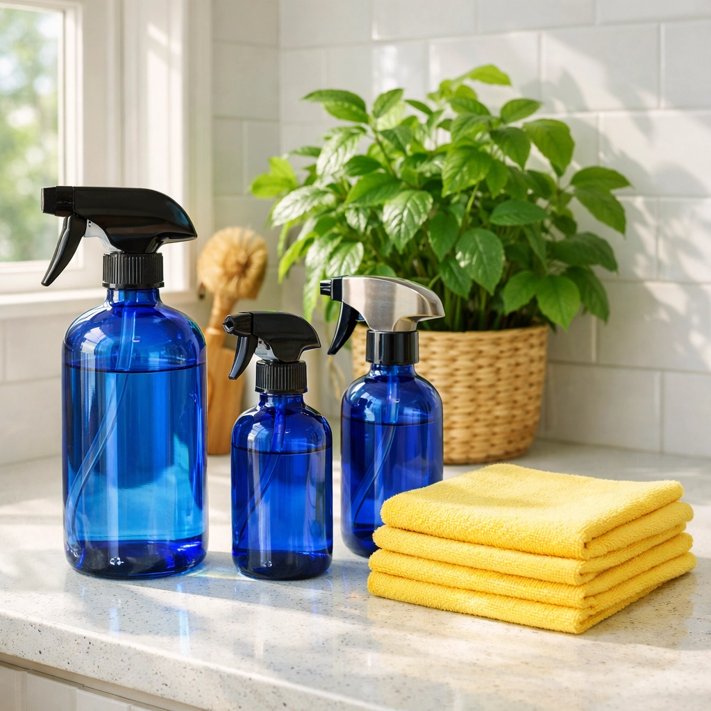 Eco-friendly cleaning supplies and glass bottles used for green house cleaning in Sandwich Village.