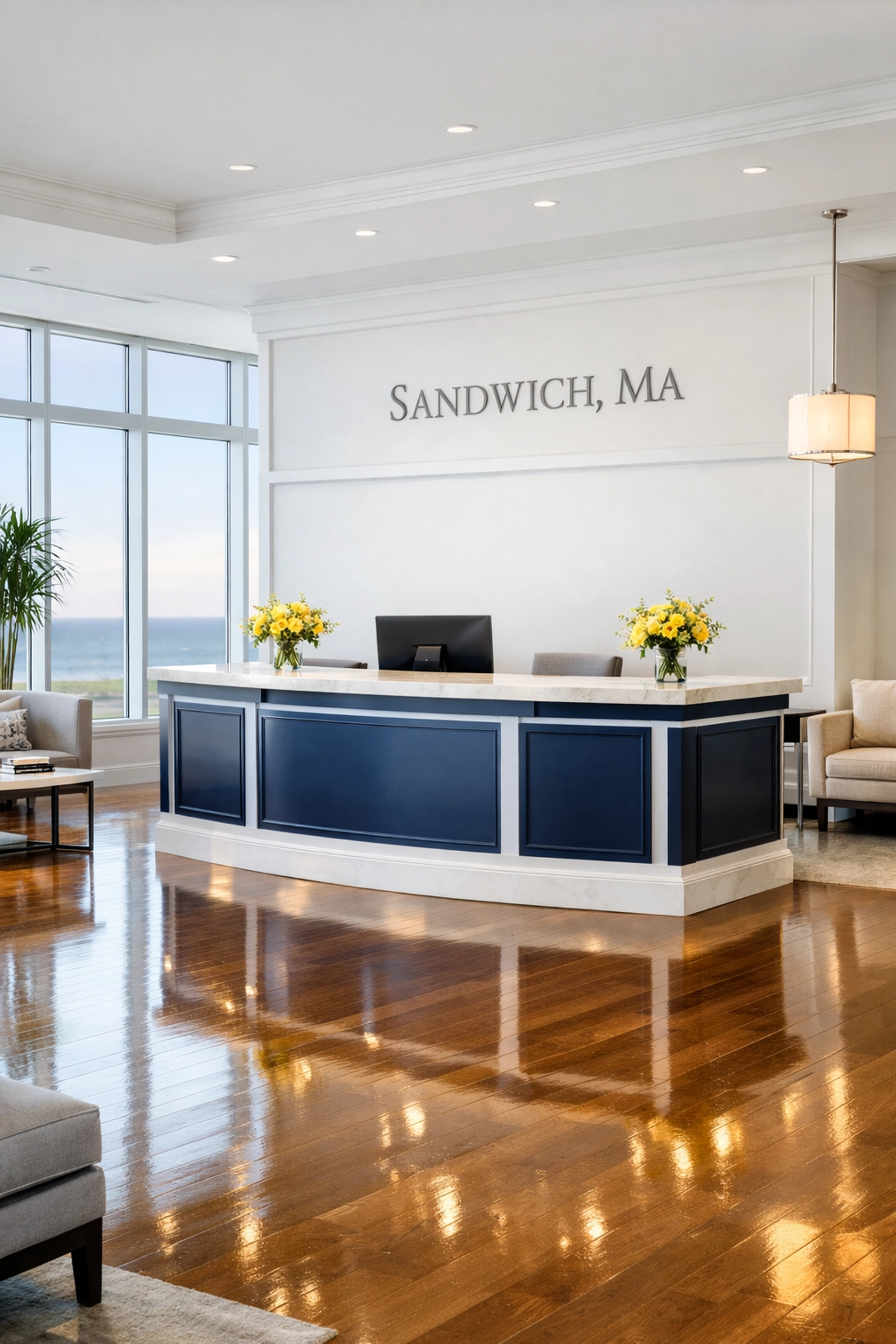 Sparkling clean professional office lobby and reception area in Sandwich, Massachusetts.