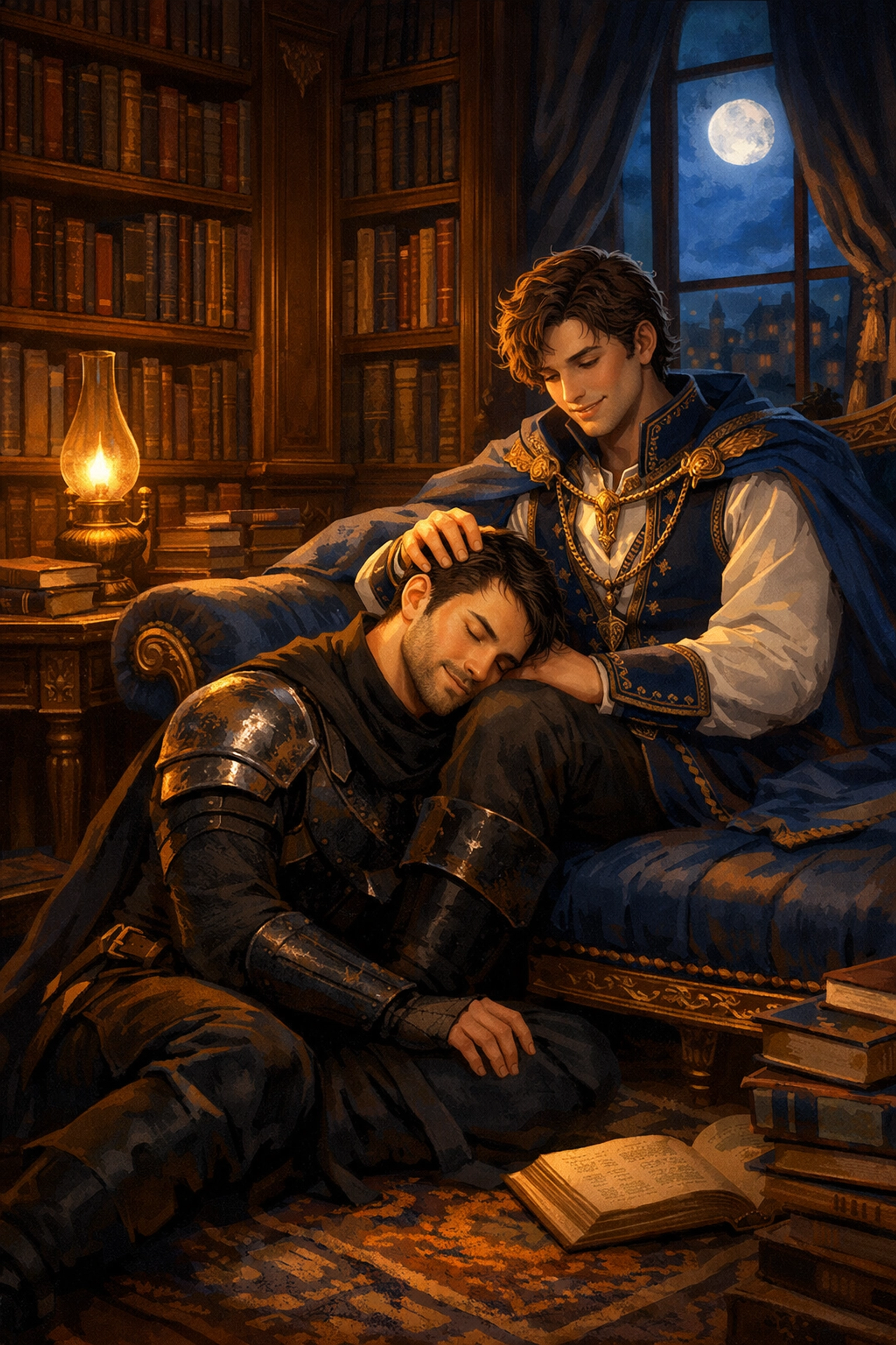 A prince and his protector sharing a quiet moment in a library, a staple of emotional gay romantic fiction.
