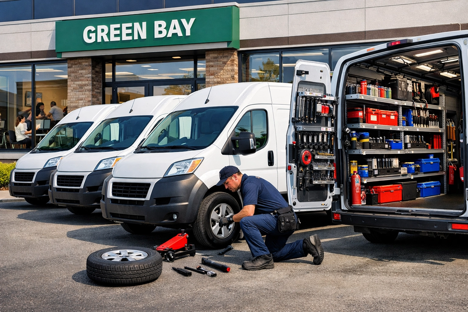 Mobile mechanic providing fleet maintenance and tire services for delivery vans at a business office.