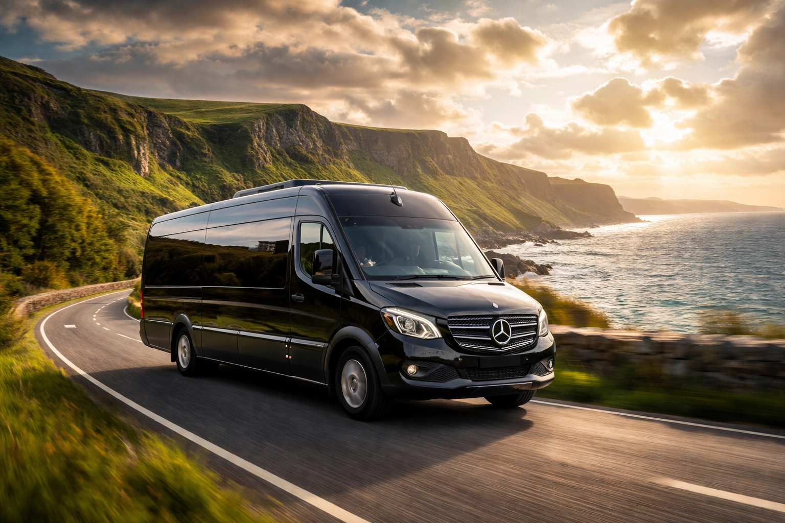 Black executive minibus travels scenic Antrim Coast Road, ideal for group airport transfers from Belfast