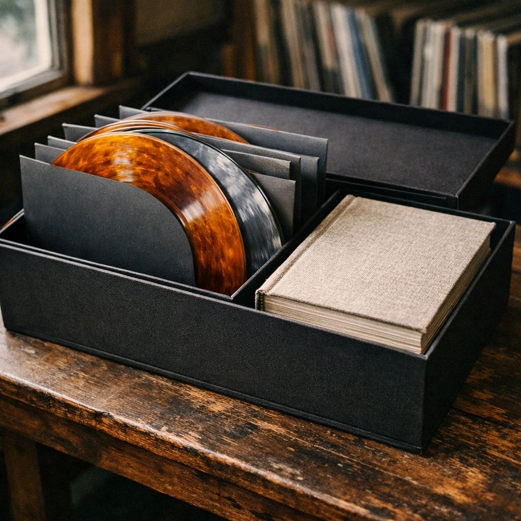 Rare marbled color vinyl box set and collectible book at a record store Los Angeles.